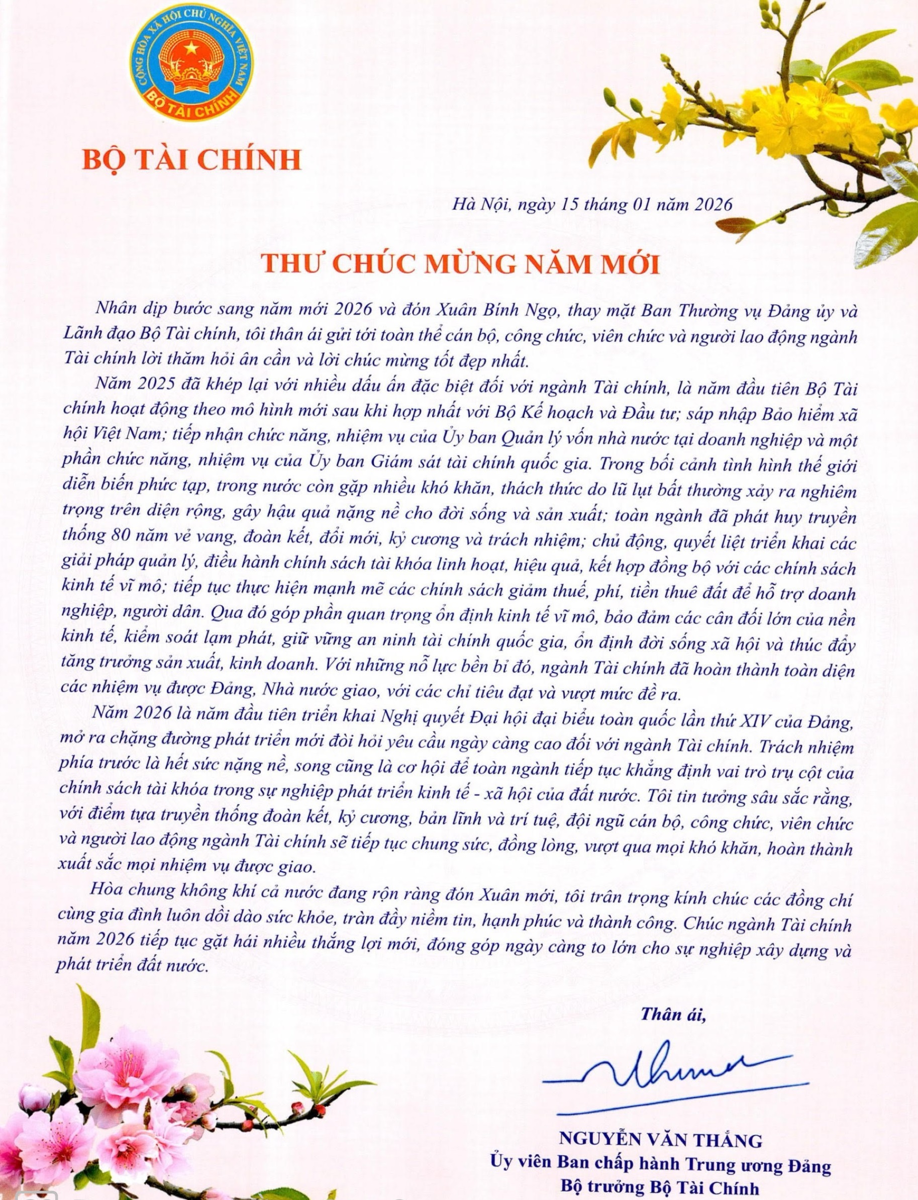 Bộ trưởng Nguyễn Văn Thắng gửi Thư Chúc mừng năm mới 2026
